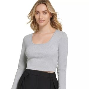 Calvin Klein Women's Size XL Stone Gray Scoop Neck X-Fit Cropped Sweater Top